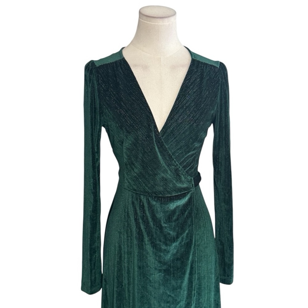BALTIC BORN Wrap Green Velvet Long Sleeve Dress Midi Maxi Sz XS‎ Holiday Wedding - Picture 4 of 8